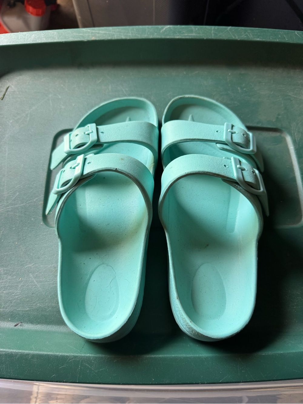 Womens Aqua Double-Buckle Slide Sandals
